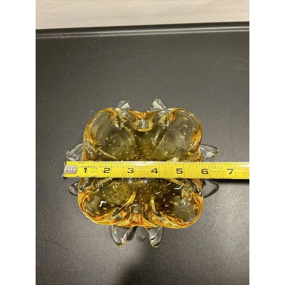 Murano Yellow Bullicante Controlled Bubble Art Glass Bowl Trinket Dish Bowl Big